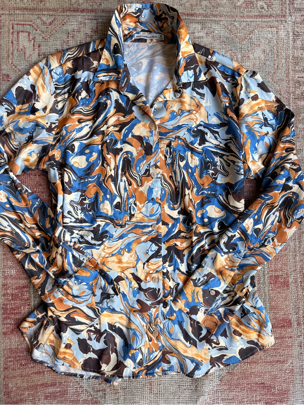 Abercrombie & Fitch Marble Swirl Button-Up Blouse - Blue, Brown, Cream